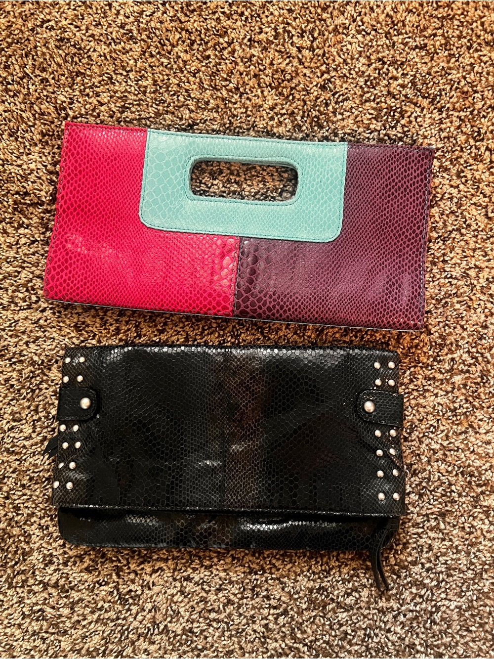 Clutch bags set of 2 - Black & Color block Snakeskin Clutches - Pink,Teal & Plum